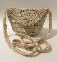 Beige Crocheted Knit Purse Shoulder Bag Handbag Cream Hand Made Signed Lining - £20.60 GBP