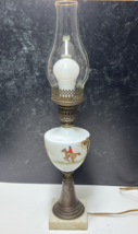 Hand Painted Milk Glass Brass Oil Lamp Electrified Fox Hunting Scene Horses Dog - £51.42 GBP