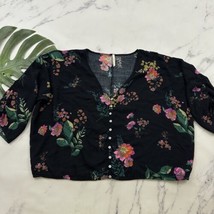 Michael Farrell Womens Blouse Top Size M Black Pink Floral Cropped Tie Trim - $15.83