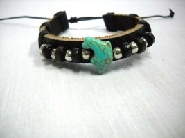 THICK BLACK LEATHER w TURQUOISE DOLPHIN &amp; WOODEN w SILVERTONE BEADS ADJ ... - $91.86 MXN