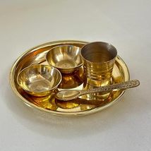 Brass Mini Prasad Thali Set 5 Items- Thali 2 Katori Glass Spoon for Balgopal, Kr - £27.51 GBP