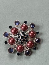 Large Bronze &amp; Navy Blue Round Cabs &amp; Rhinestones Silvertone Snowflake Flower - £11.49 GBP