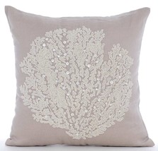 Beige Cotton Linen 16&quot;x16&quot; Beaded Sea Weeds Pillows Cover, Pearl Weeds - £27.57 GBP+