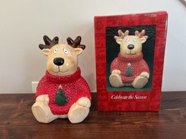 New Vintage Reindeer Christmas Holiday Ugly Sweater Cookie Treat Jar Can... - £35.94 GBP