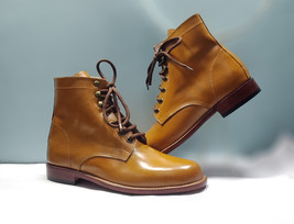 Lace Up Vintage Tan Color High Ankle Handmade Plain Rounded Toe Brown Sole Boots - £127.88 GBP+