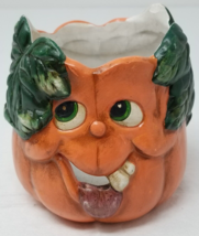 Jack O Lantern Candle Holder Halloween Goofy Crown Funny Ceramic Painted 1980s - £12.18 GBP