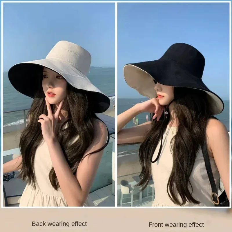 Mer new big wide brim women bucket hat solid color foldable uv protection outdoor beach thumb200