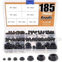 Keadic 185 Pieces Metric Black Zinc Plated Nylon Insert Lock Nuts Assortment Kit - £13.07 GBP
