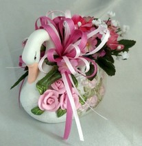 Lovely Handmade Pink Rose Floral Arrangement Centerpiece w/ Painted Cera... - $29.30