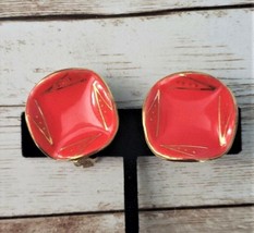 Vintage Milvern Co Clip On Earrings - Hand Painted Red &amp; Gold Tone 1950&#39;s - £22.70 GBP
