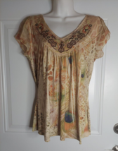 Apt 9 Peacock Print Embroidered V-Neck Cap Sleeve Silky Blouse Top Size PMED - $9.49