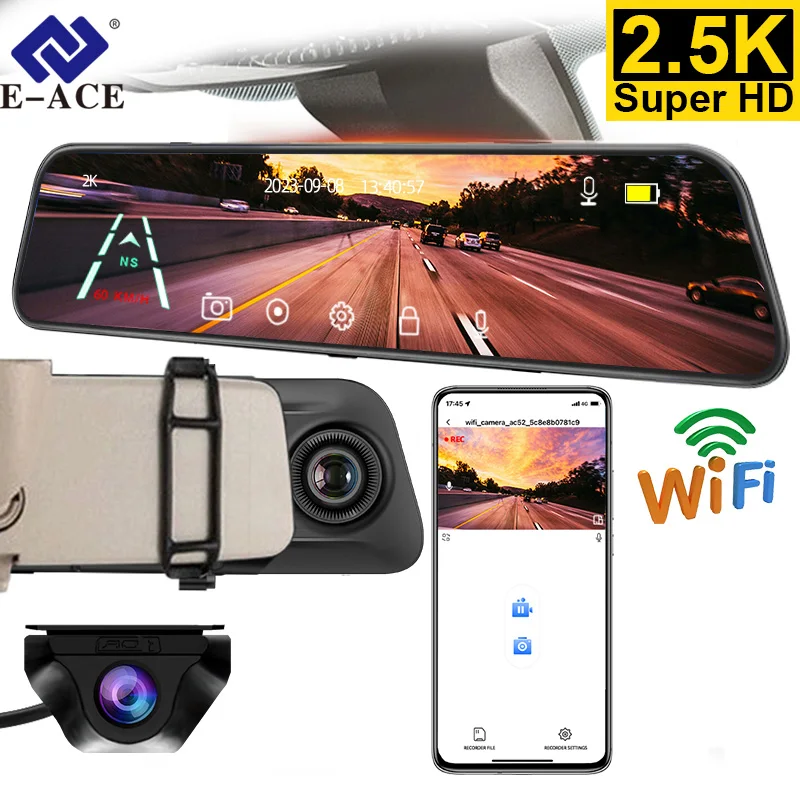 E-ACE 2.5K Car DVR Mirror 12 Inch 1440P Video Recorder Rear View Camera Dashcam - £79.87 GBP+