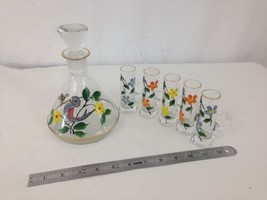 Set of 6 Hand Paint Floral Spring Bird 20 oz Flask Five 1 oz Handle Shot Glasses - £11.87 GBP