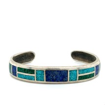 Vtg Sterling Signed 925 CCO Coleman Inlaid Chip Multi Stone Cuff Bracelet 6 3/4 - £122.66 GBP