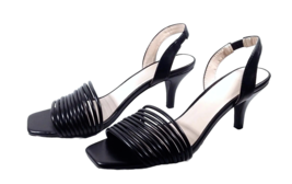 H HALSTON Womens High Heel Black Sandal Size 6.5 Vegan Leather Slingback Strappy - £22.32 GBP