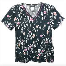 Cherokee Runway Scrub Shirt Small Gray Pink White Cheetah Animal Print N... - $15.99