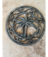 Metal Round Trivet Palm Tree Tropical Paradise 6 5/8&quot; x 6 5/8&quot; Silver - £7.93 GBP