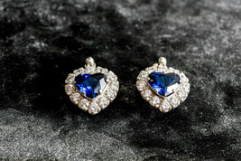 2.5Ct Heart Cut Sapphire Stud Earrings Solid 925 Silver 14K White Gold Finish - £78.65 GBP