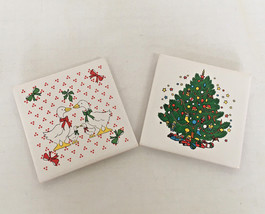 Christmas holiday vintage ceramic tile trivet set duck goose tree graphics - $26.68