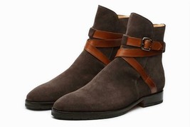 Men&#39;s Handmade Suede Leather Chocolate Brown Color Rounded Toe Ankle High Jodhpu - $149.99