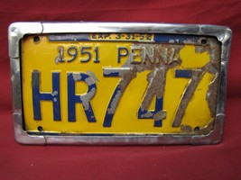 1951 Pennsylvania License Plate &amp; Original Chrome Hold PA  Chevy Ford Ch... - $24.74