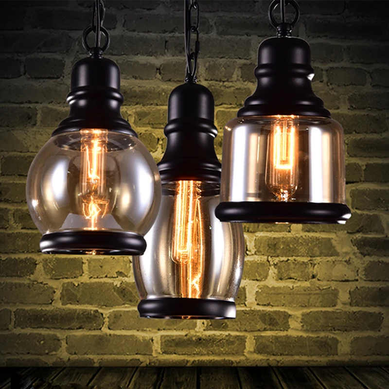 E amber glass wine bottle pendant light industrial style led e27 bulb iron lamp for bar thumb200