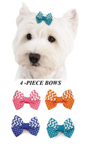 4 pc Chevron Stripes&amp;Dots GROSGRAIN RIBBON BOWS w/Band DOG Grooming Top ... - £7.83 GBP