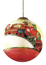 Teddy on Toy Train Hand Painted Mouth Blown Glass Ornament - £41.95 GBP