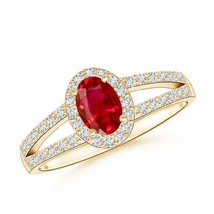 ANGARA Oval Ruby Split Shank Halo Ring for Women, Girls in 14K Solid Gold - £1,306.95 GBP
