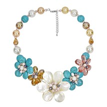 Summer Floral Bouquet Shell, Crystal Bead &amp; Turquoise Statement Necklace - £37.93 GBP