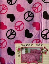 PINK COOKIE HEARTS PEACE SIGNS  3PC TWIN SHEETS BEDDING SET NEW - £26.15 GBP