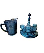 Tiara Indiana Glass Wine Dcanter 4 Glasses &amp; Pitcher Bicentennial Blue S... - $197.17 CAD