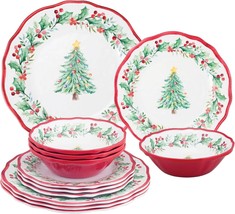 12-Piece Christmas Tree Design Melamine Dinnerware Set, Service for 4  - £55.66 GBP