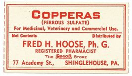 1 Vintage Label COPPERAS FRED H. HOOSE, Ph. G. Rexall Pharmacist Shingle... - $27.27