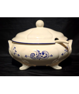 Vintage Soup Tureen Lid &amp; Ladle With Blue Scrolls LOUCARTE PORTUGAL Serv... - $57.00 CAD