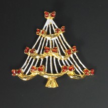 Christmas Tree Pin Brooch Red Enamel Bows White Flocked - $16.00