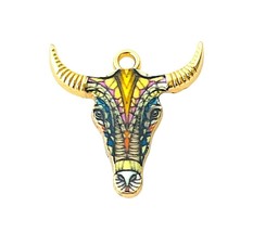 10 Long Horn Ox Cow Skull Gold Multicolor Enamel Bead Drop Charms Pendants - $4.99