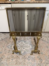 Vintage Brass Fireplace Screen with Metal Mesh Curtains Brass Andirons 3... - $3,621.79 MXN