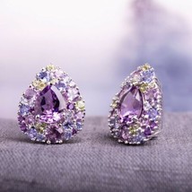 3 CT Pear Simulated Amethyst Cluster Teardrop Stud Earrings Gold Plated Silver - £53.92 GBP