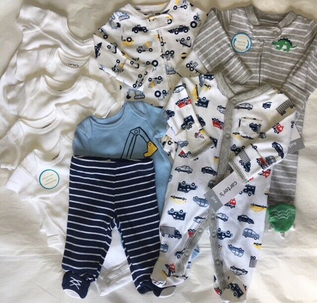 Primary image for NEW Lot of 10 Carter’s Preemie Baby Basics Bodysuits, Pants, Sleep n Play Boy