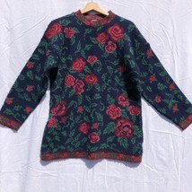 Private Eyes Adele Knit Navy w Pink Flowers Pullover Sweater Vintage Acrylic - £19.77 GBP