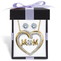 Cz Stud Earrings Heart Mom Necklace Gp Set 14K Gold Sterling Silver - £159.83 GBP