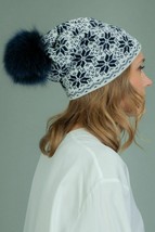 AVIMA Slouchy Wool Hat with Fur Pom-Pom with Dark Blue Star Pattern - $45.82