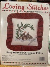 New Loving Stitches Counted Cross Stitch Baby Bunnies Christmas Pillow Kit - $9.49