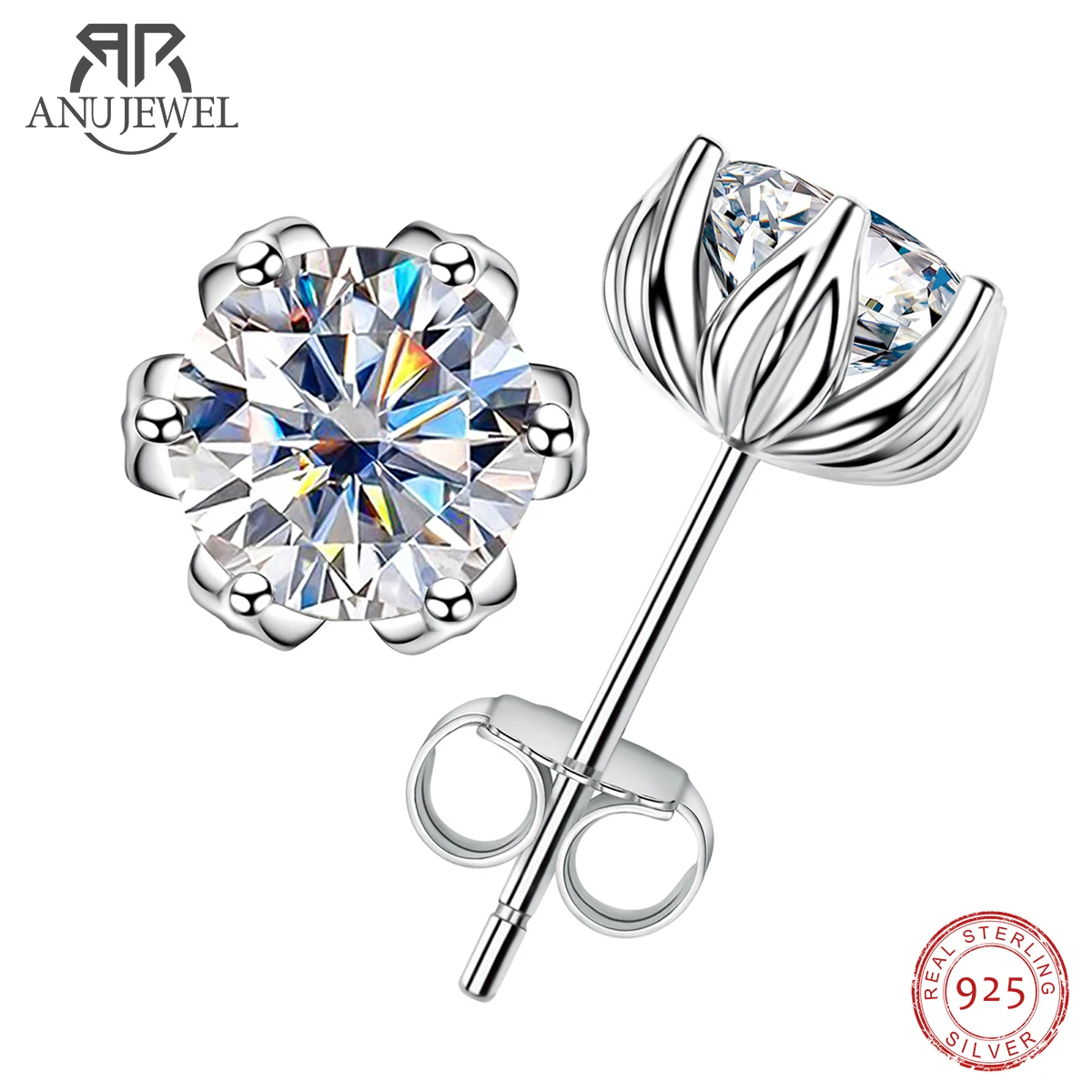 2cttw D Color Moissanite Diamond Lotus Stud Earrings 925 Sterling Silver Flower  - £51.24 GBP