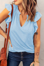 Sky Blue Casual Solid V Neck Butterfly Sleeve Tee, Womens Shirt, Women&#39;s... - £19.67 GBP