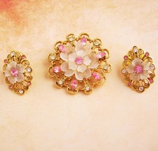 Vintage 1928 set - Pink Earrings Flower brooch - Victorian style Flower rhinesto - £43.24 GBP
