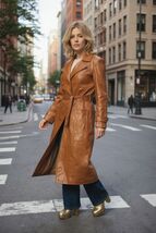 Vintage 70s Leather Double Breasted Trench Coat Brown Long S - $153.45