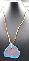 Vtg Abstract Stone Pendent Blue w/ Orange Scrollwork Fashion Thong Necklace - £59.89 GBP