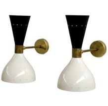 Pair of Wall Italian Sconce with Shinny Black &amp; White in Raw Brass Finish , Vint - £62.22 GBP+